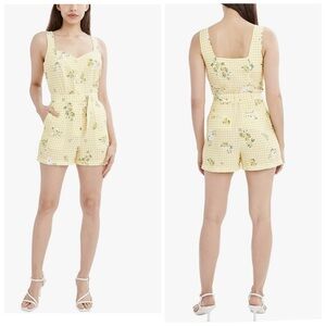 BCBGGeneration sleeveless romper yellow gingham  floral lemon print belted sz L